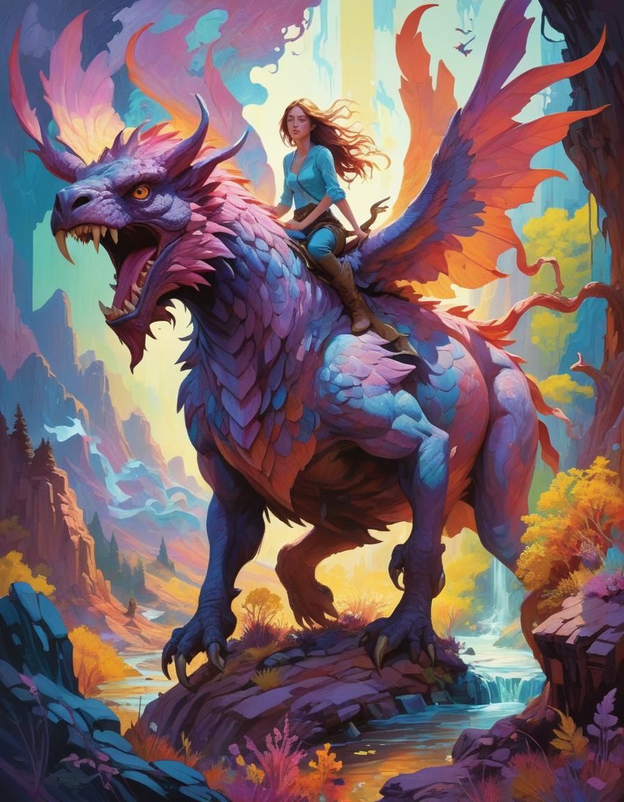 Mythical Monster Wrangler in a Surreal Landscape