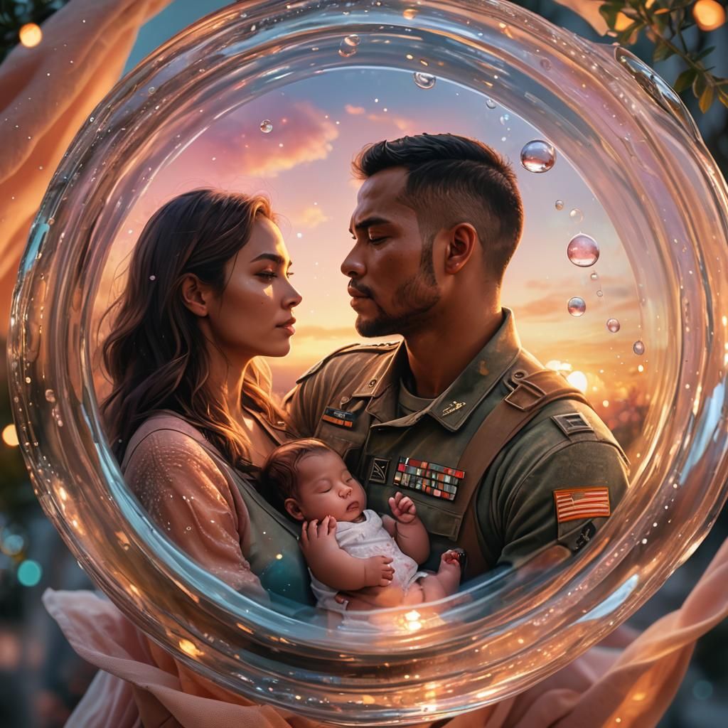 Soldier, Woman, and Baby in Glass Cylinder