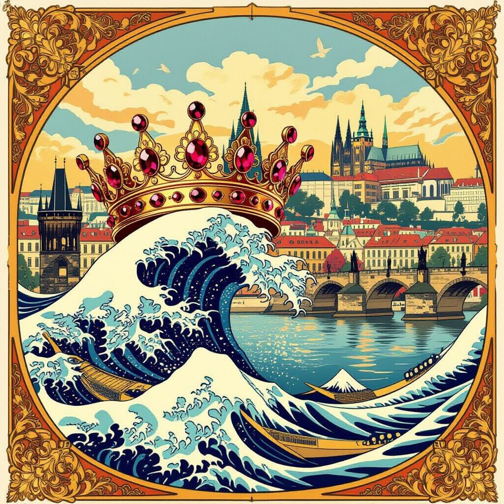 Golden Czech Crown Merges with Ocean Wave Over Prague Skylin...
