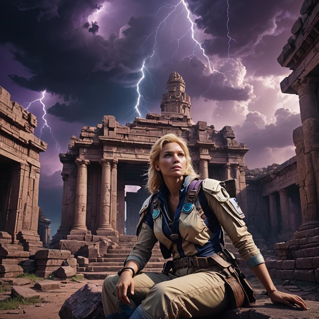 A beautiful blonde bombshell woman explorer sits in the foye...