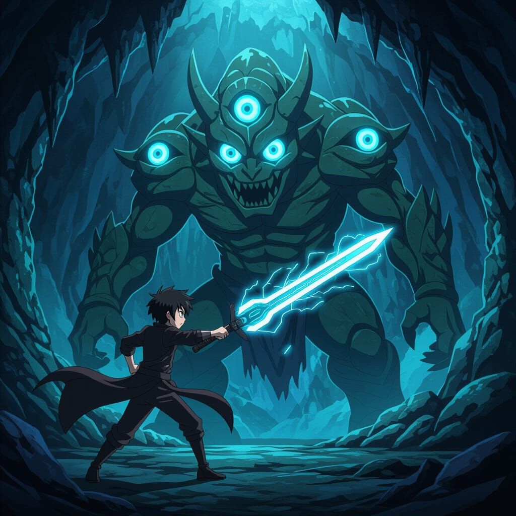 Boy with Electric Sword vs Stone Demon in Anime Style