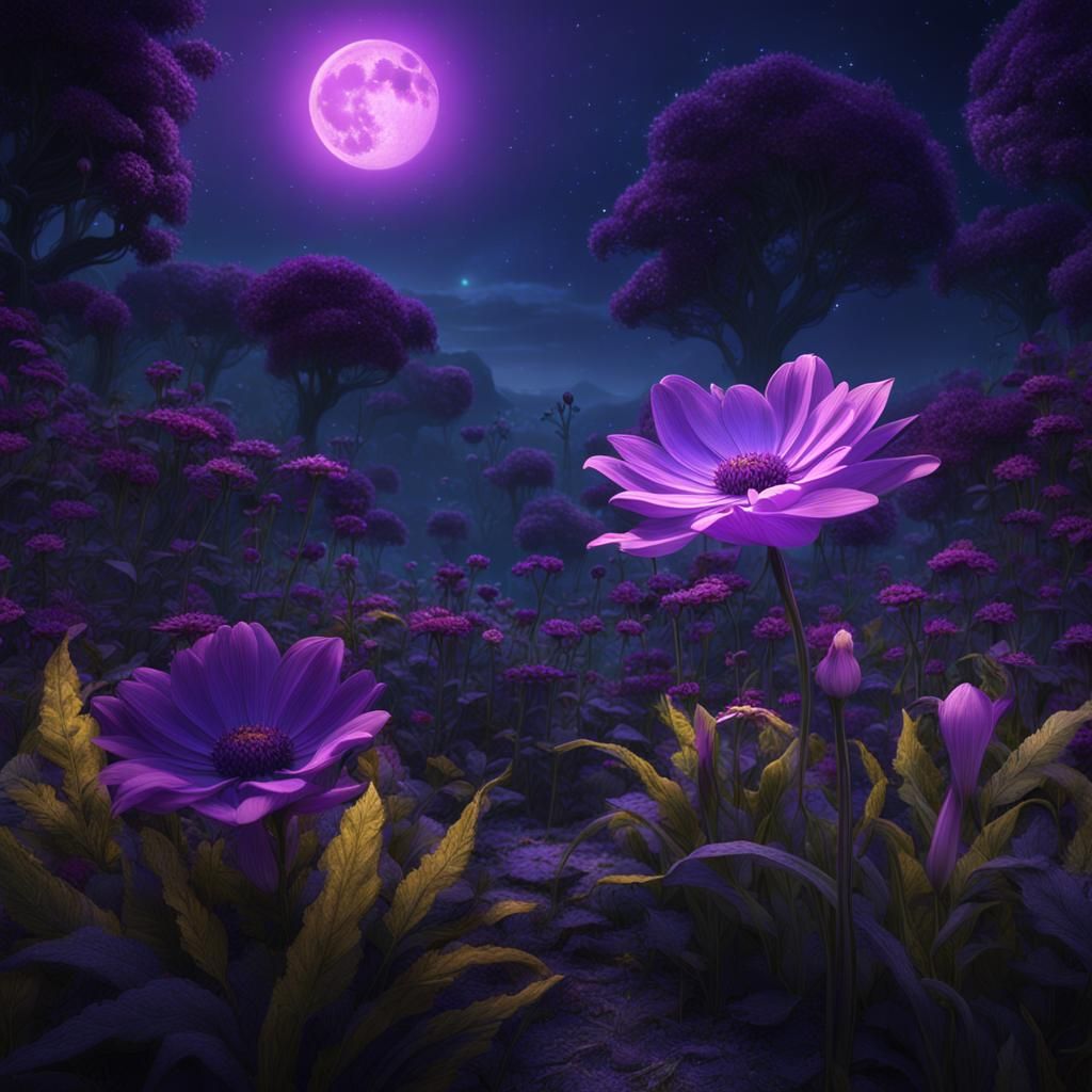 Midnight Fantasy Garden with Glowing Purple Flower