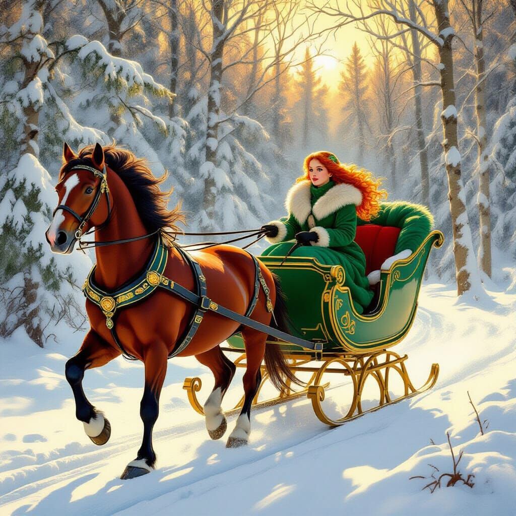 Fiery Horse Pulls Sleigh with Red-Haired Girl Through Snowy ...