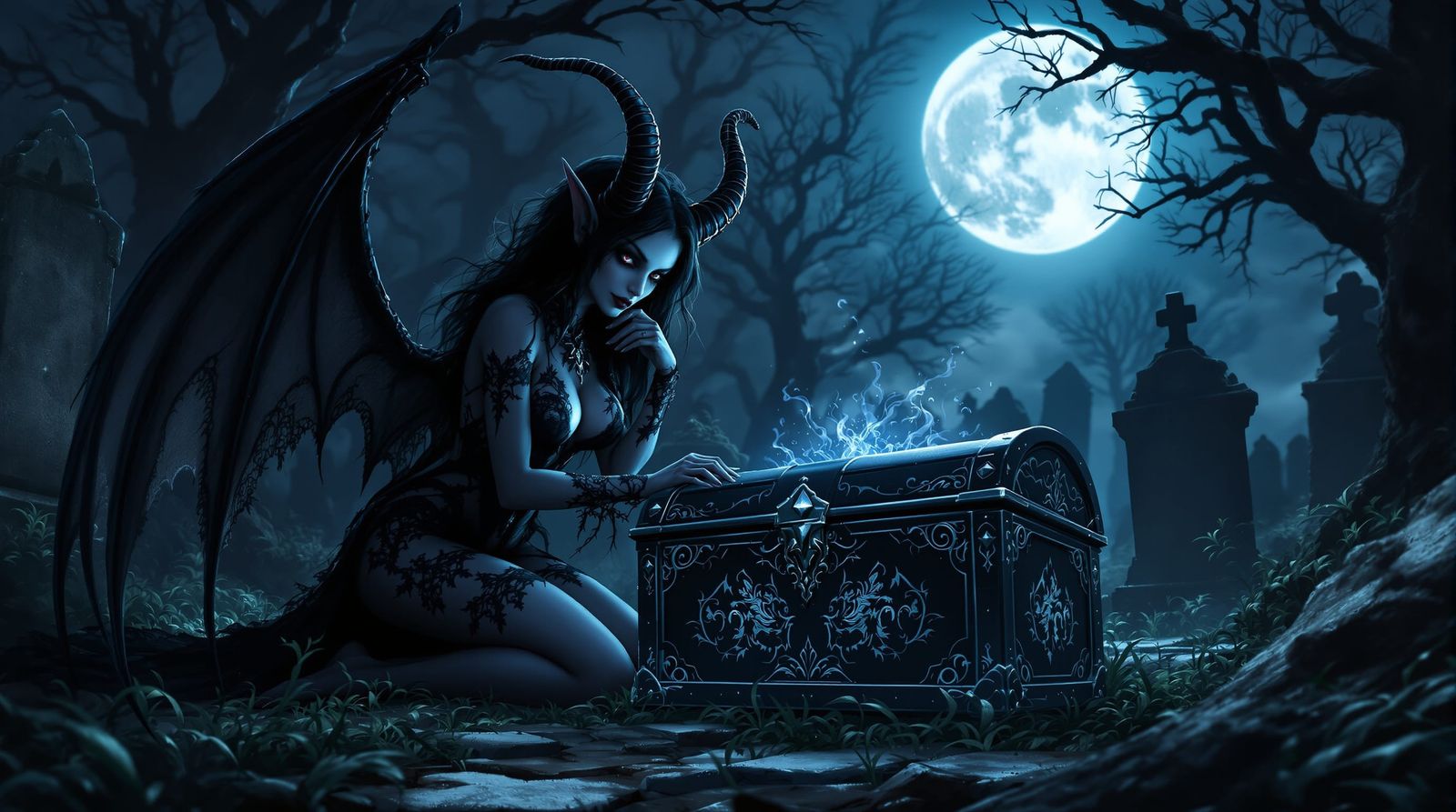 Gothic Succubus Kneeling by Enchanted Treasure Chest