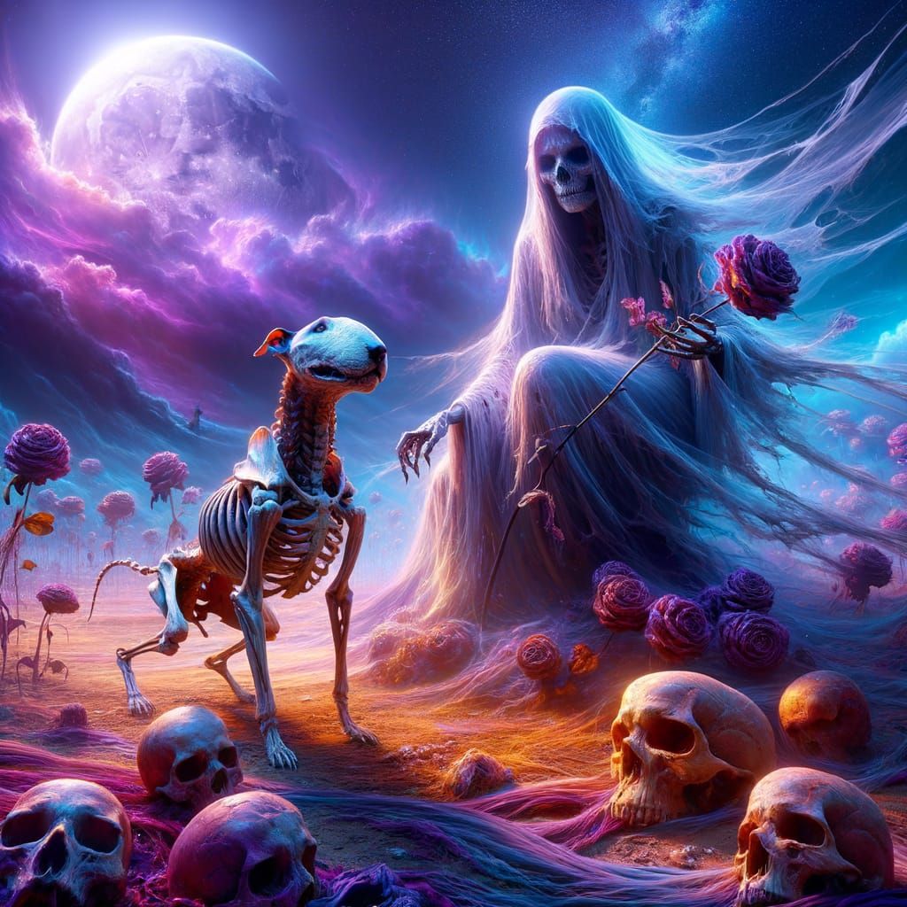 Ethereal Banshee Contemplates Fallen Flowers with Faithful B...