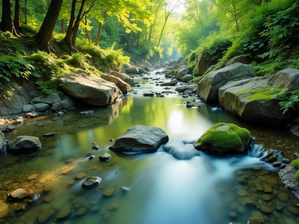 Tranquil Stream with Mossy Rocks and Filtered Sunlight