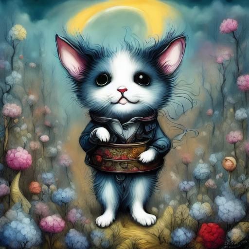 White Cat in Moonlit Field, Whimsical Art