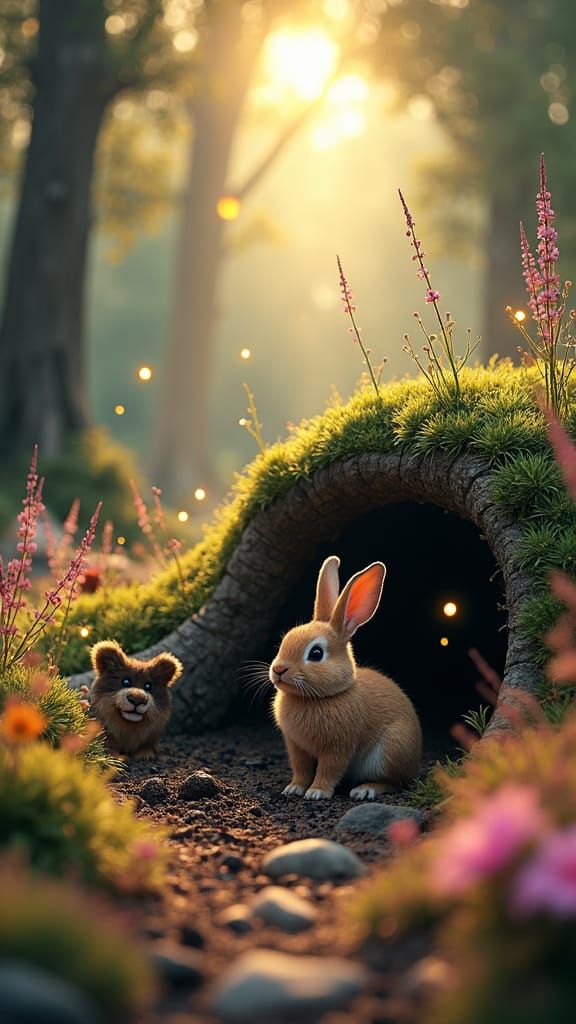 Rabbit Teaches Lion Cub to Dig Burrow in Forest