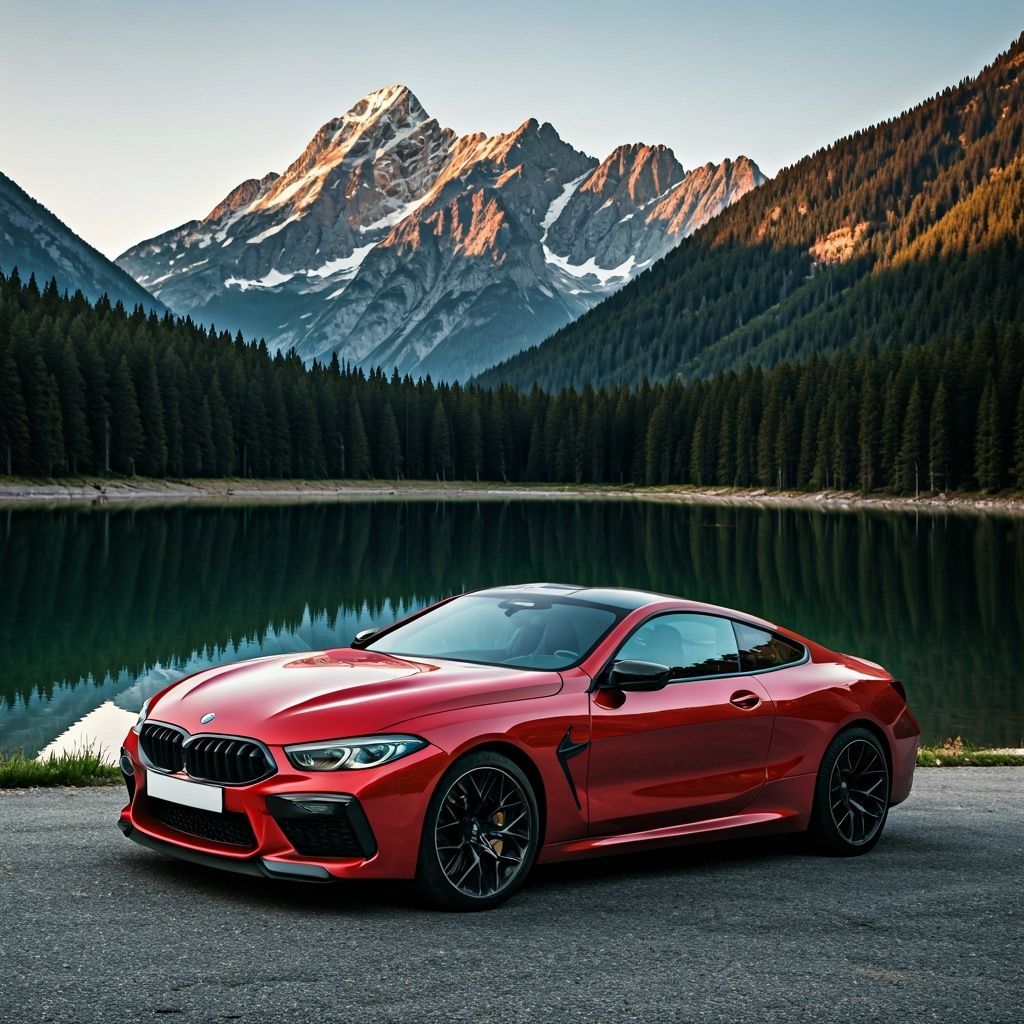 Luxury Red Sports Car by Mountain Lake at Golden Hour