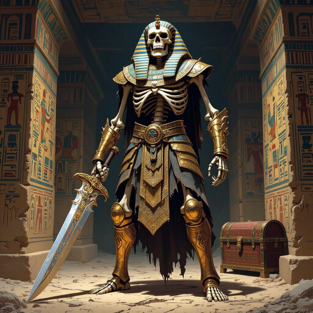 Giant Armored Skeleton in Egyptian Crypt, Graphic Novel Art