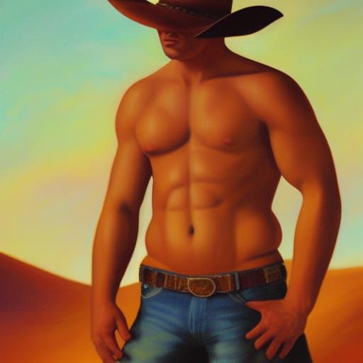 Hunky Cowboy in Desert: Romantic Oil Painting