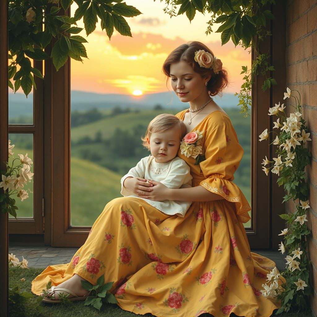 Mother in Lavish Floral Robe Tenderly Holds Sleeping Child A...