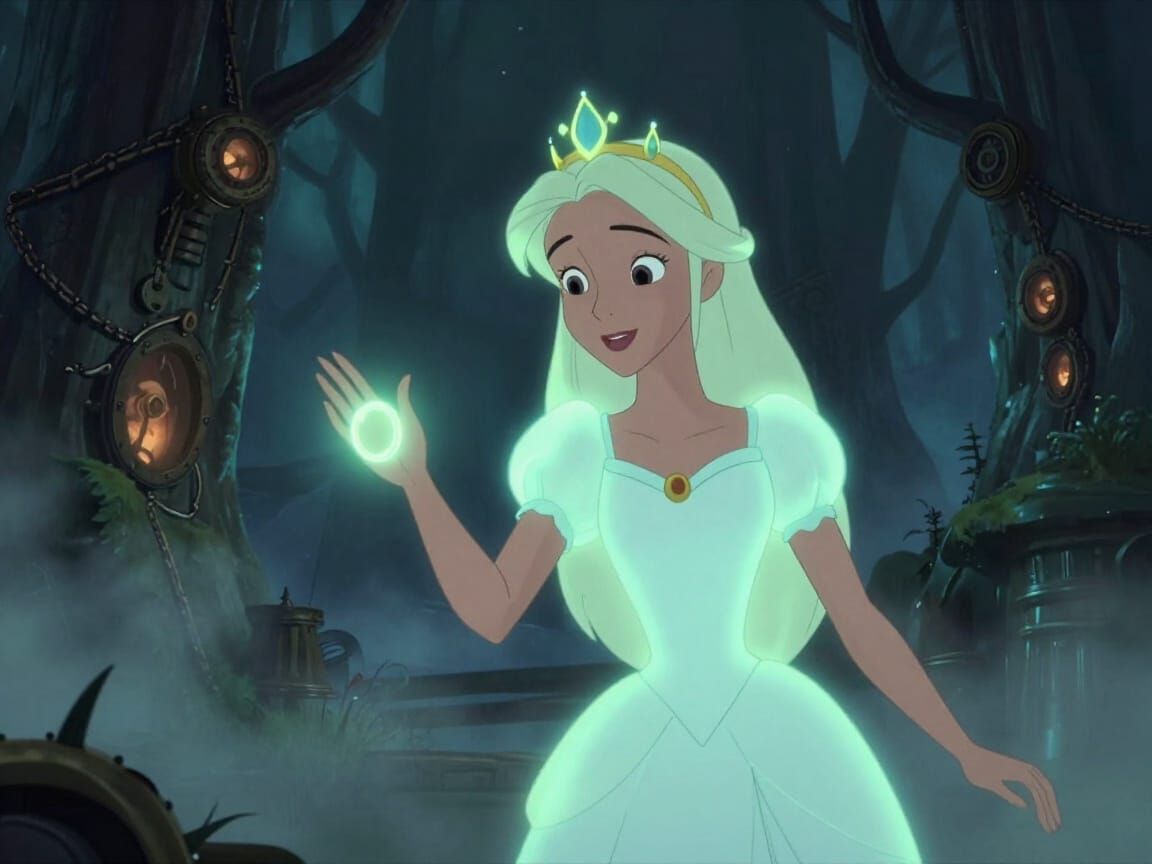 Luminescent Princess Guides Through Steampunk Forest in Anim...