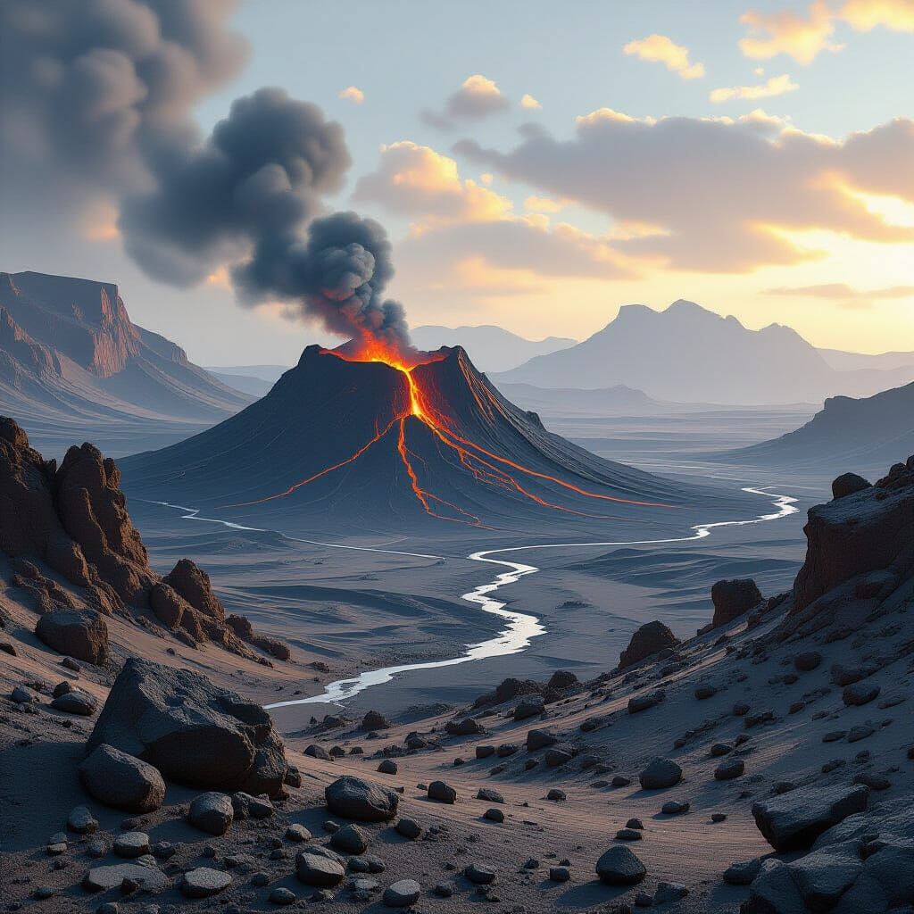 Dead Volcano in Desert Landscape, Matte Painting Style