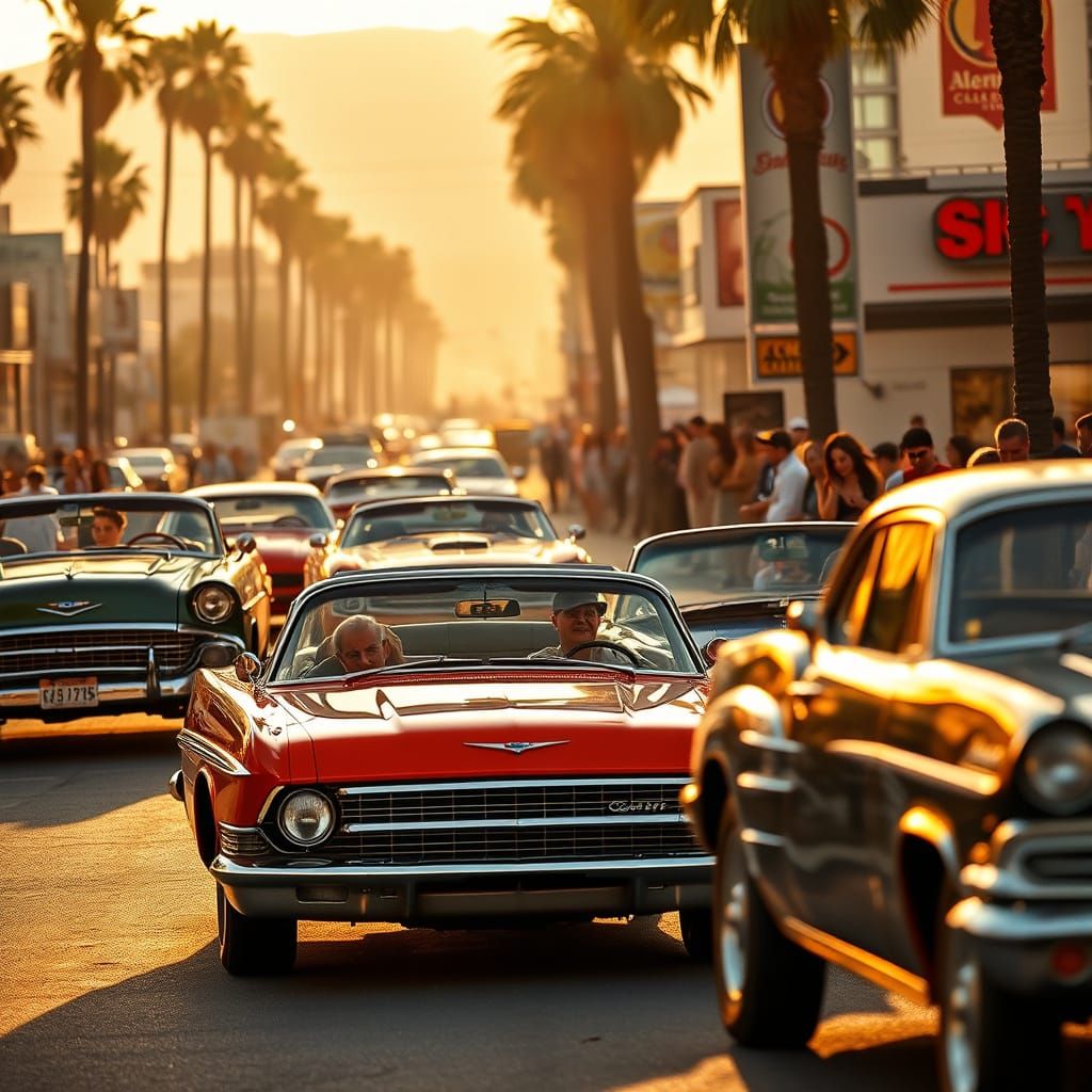 Classic Cars Cruise Sunset Strip in 1960s Style