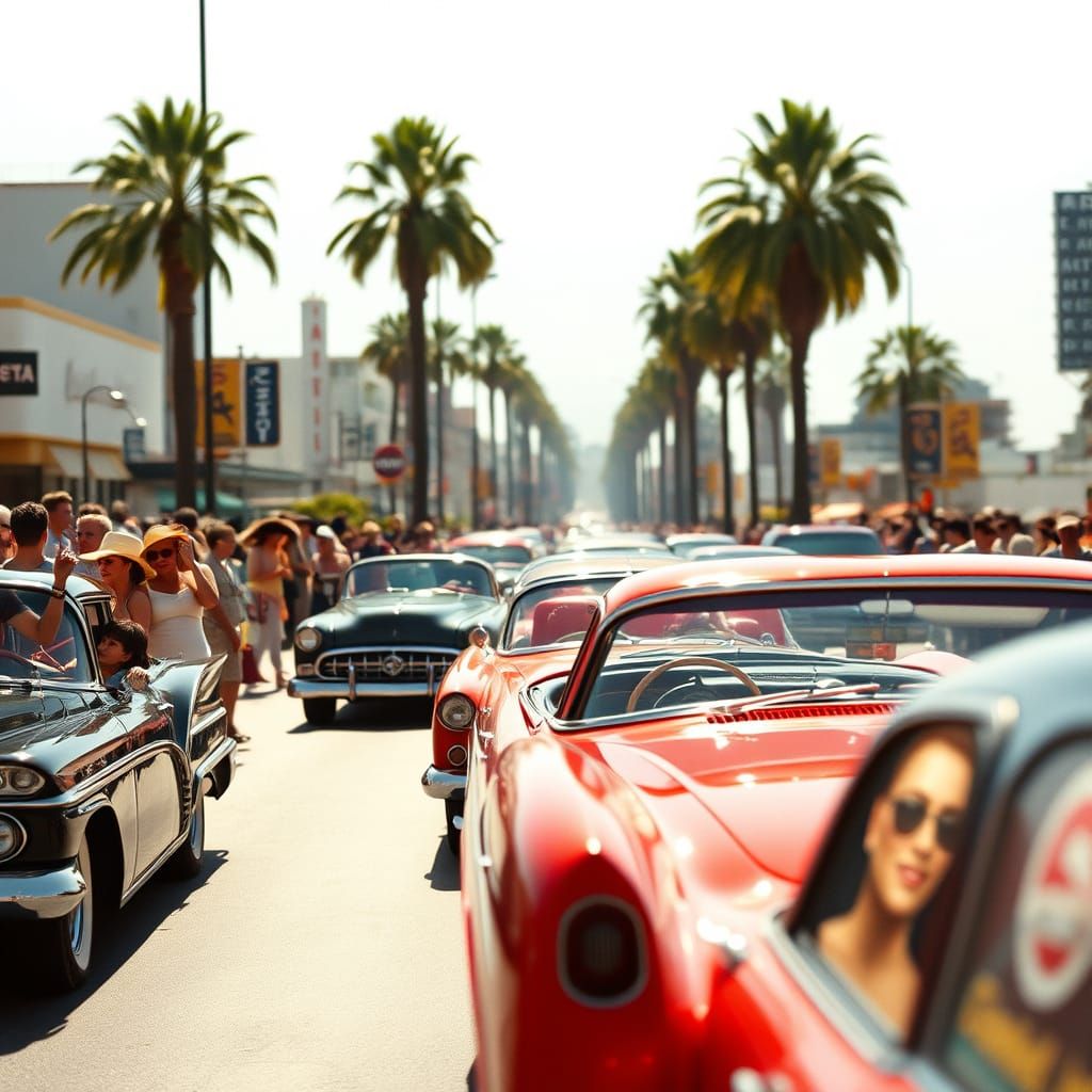 Classic Cars Cruise Down Sunset Strip in Retro California St...