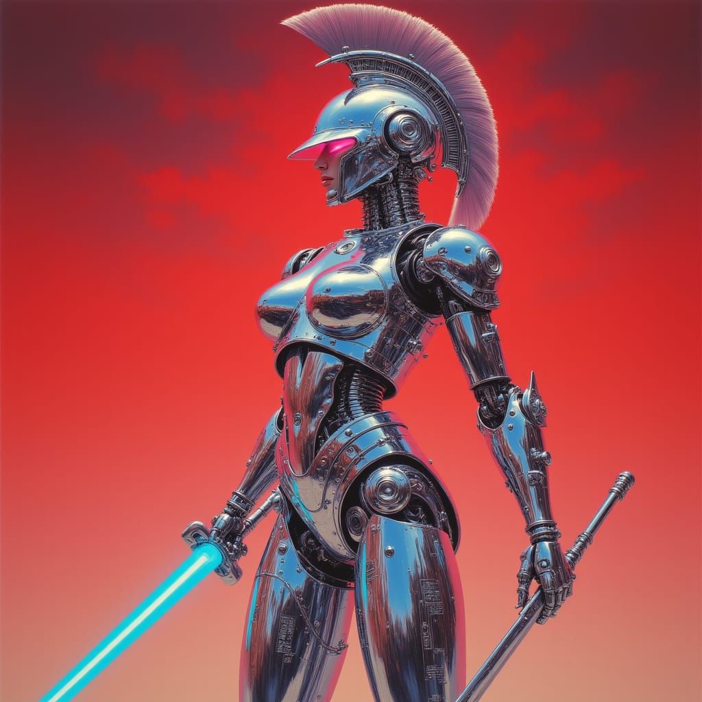 Hyperrealistic Robot Warrior in Combat Pose