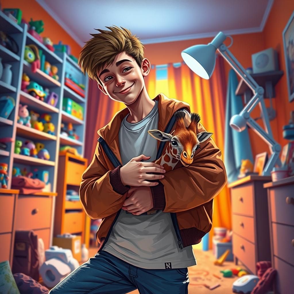 Boy and Baby Giraffe in Splash Art Style