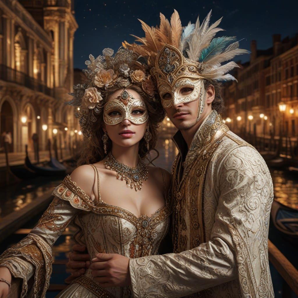 Romantic Moonlit Venice Carnival Scene in Opulent Style