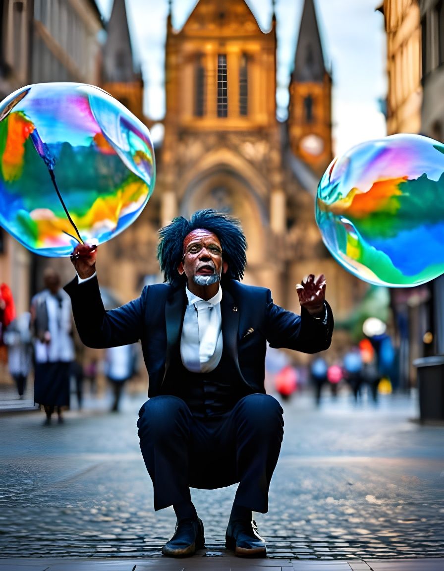 Giant Iridescent Bubbles Against Gothic Cathedral Backdrop