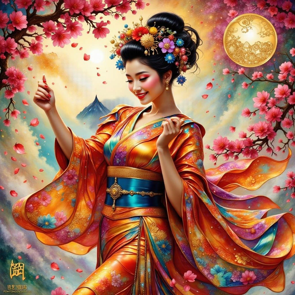 Retro Futuristic Geisha Dances Under Cherry Blossoms
