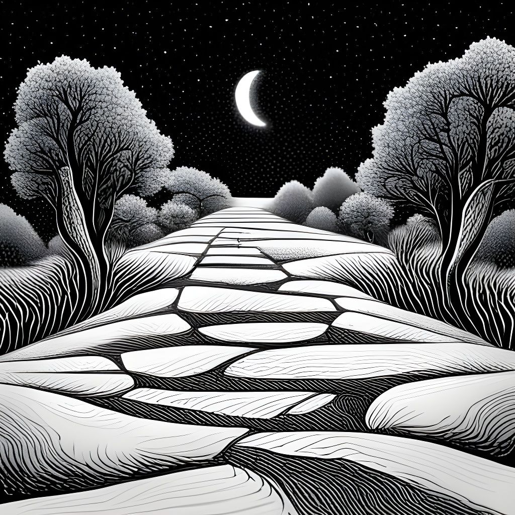 Stylized Stone Path Under Starry Moon: Fineliner Art