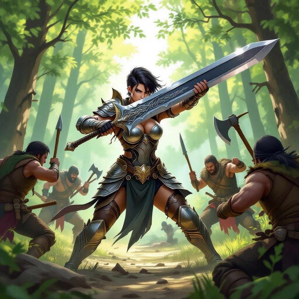 Epic Fantasy Warrior Battles Bandits in Sunlit Forest