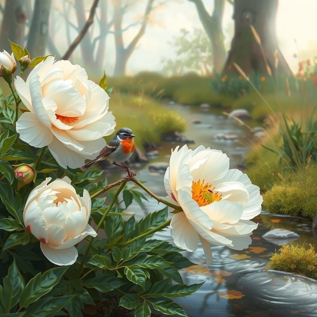 Peonies by Stream: Impressionistic Botanical Art