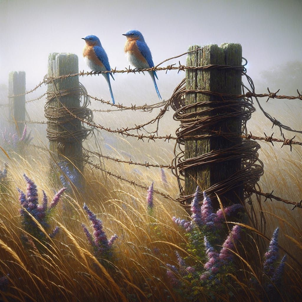 Bluebirds on Fence Post in Foggy Field