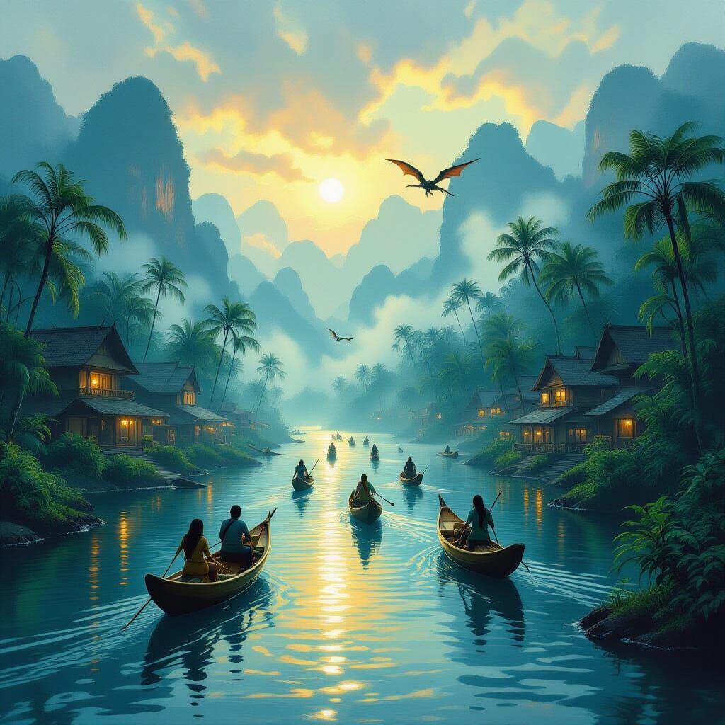 Jungle Village at Dawn with Pterodactyl Riders