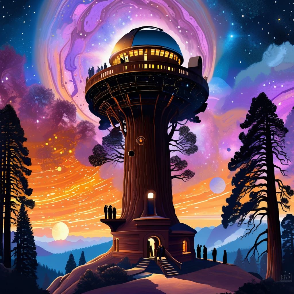 Observatory on Sequoia Tree at Twilight: Digital Painting