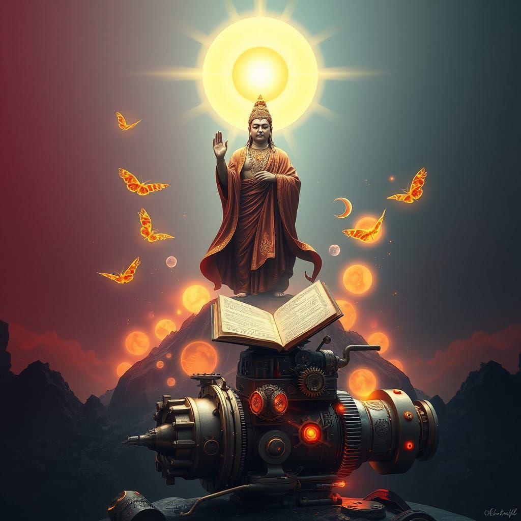 Majestic Subhuti Surrounded by Celestial Treasures in a Drea...