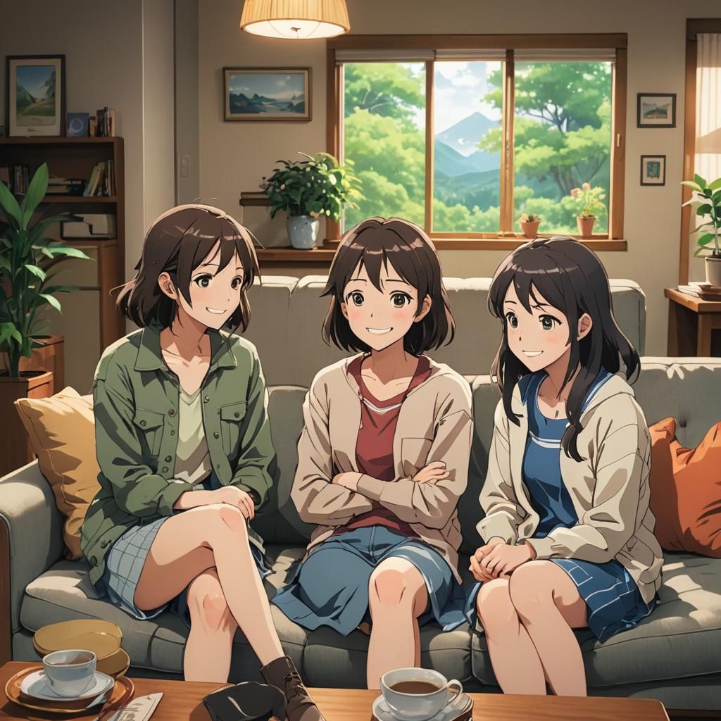 Anime-Inspired Image of Three Women on a Couch