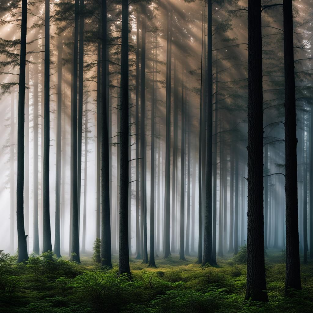 Enigmatic Forest Shrouded in Dense Fog