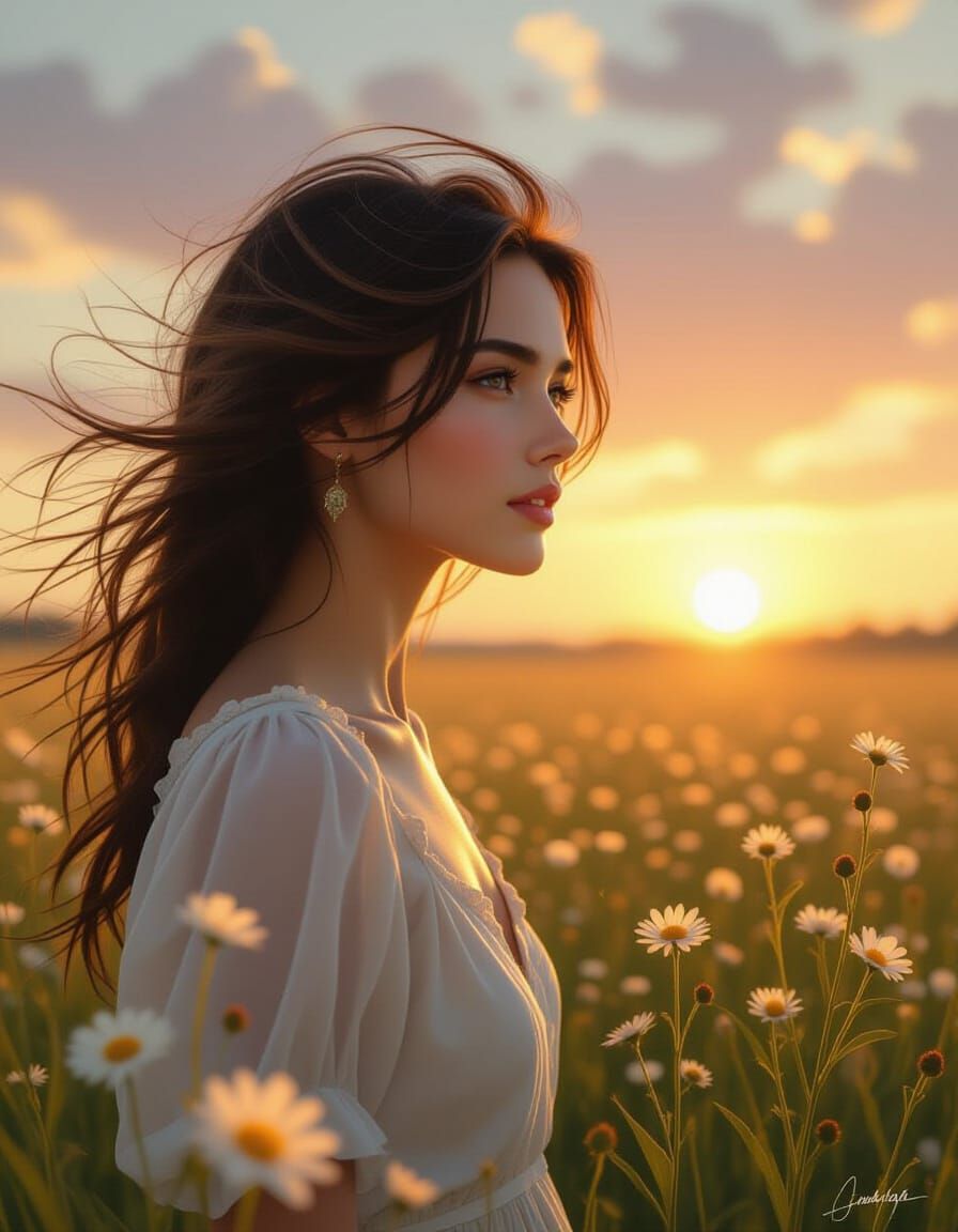 Woman Gazing at Glowing Horizon Amidst Light-Filled Wildflow...