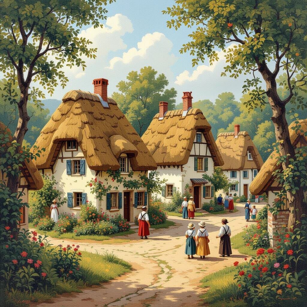 Charming Naïf Village Scene in the Style of Delacroix