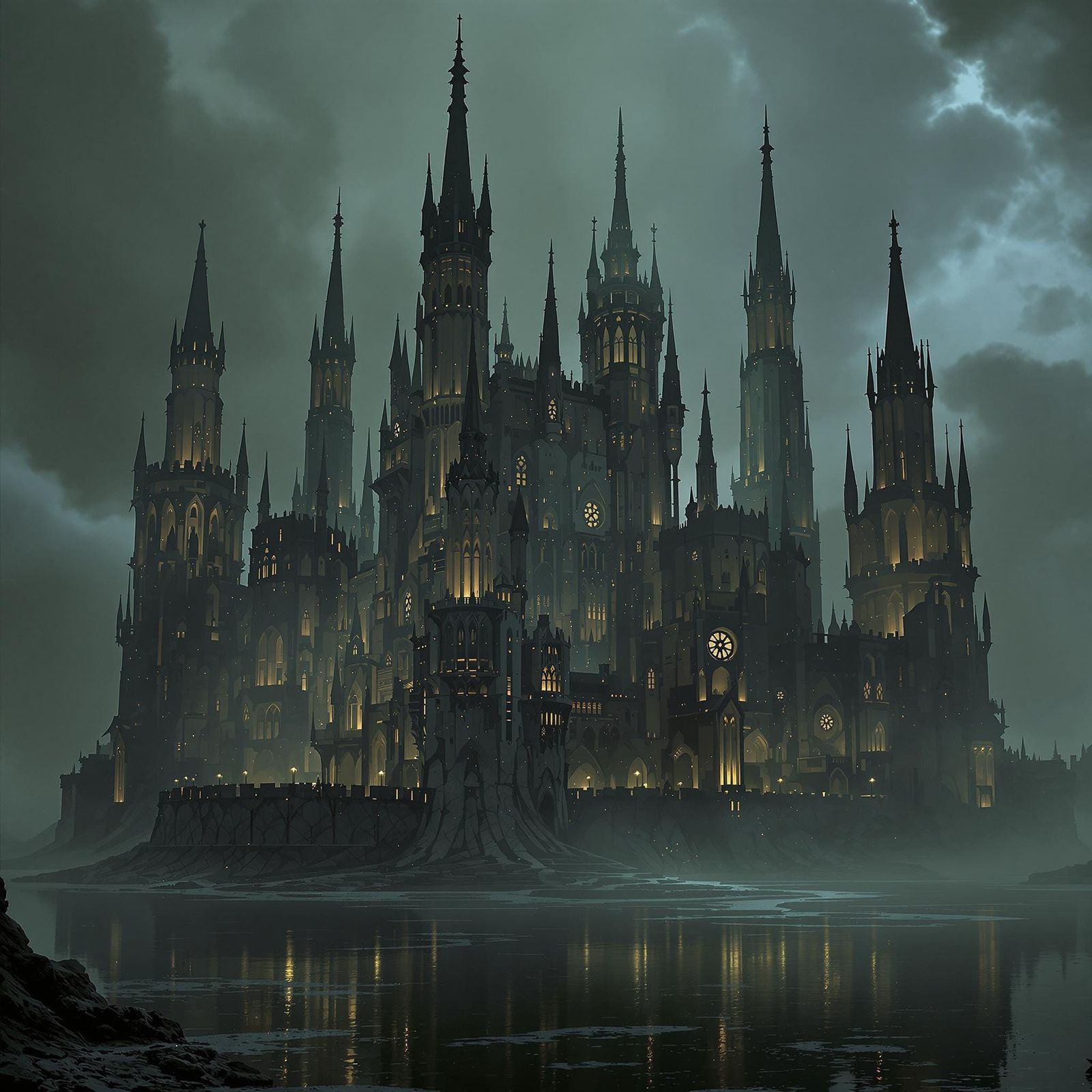 Gothic Castle with Moat in Sci-Fi Style