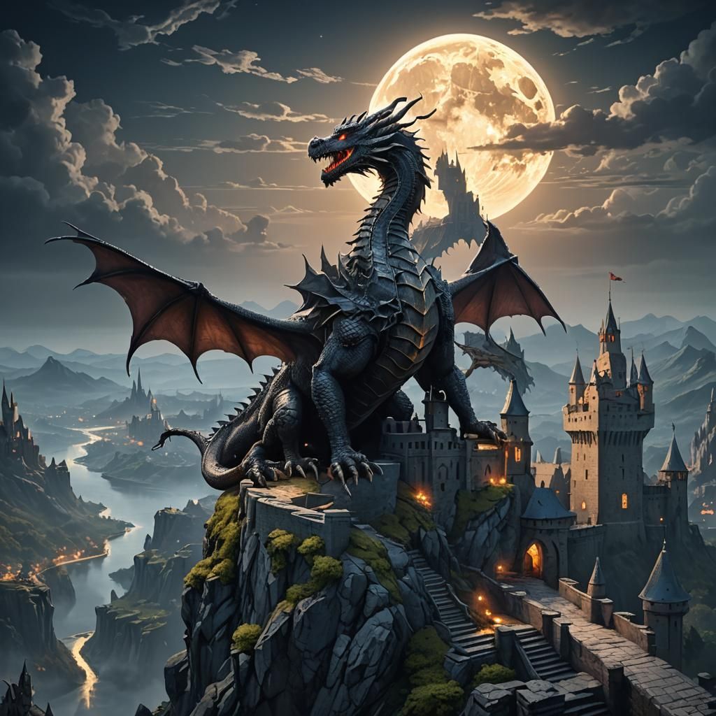 Dragon Overlooking Medieval Castle in Anime Style