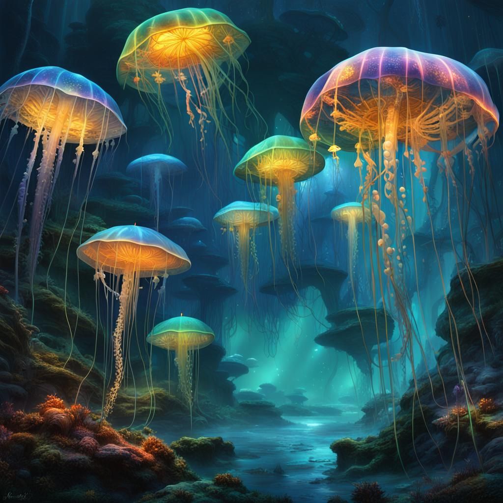 Bioluminescent Jellyfish Cityscape in Ocean Depths