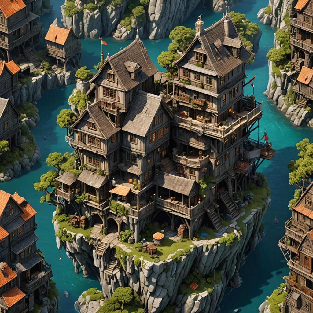 Hyperdetailed House on Island in Dungeons and Dragons Style