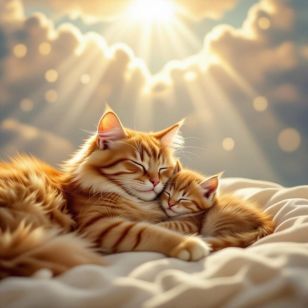 Divine Sunshine Bathes Sleeping Cat and Kitten