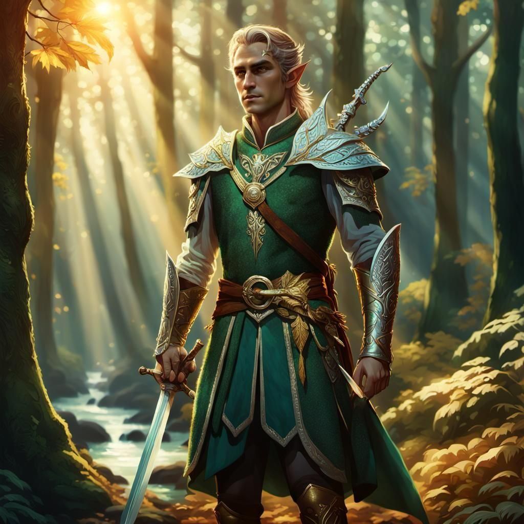 Elf in Sunlit Forest Holding Sword