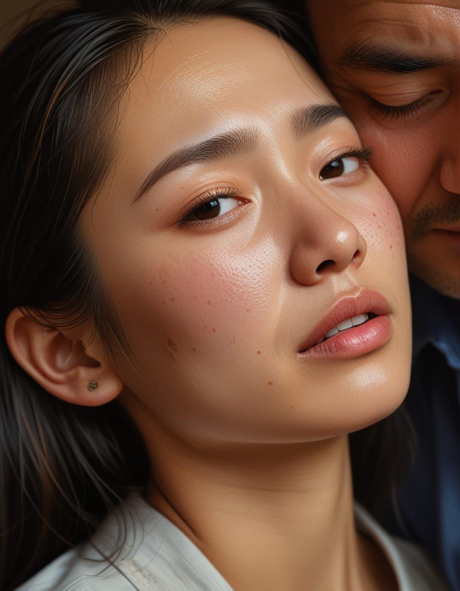 Tender Moment of Asian Girl in Father's Embrace