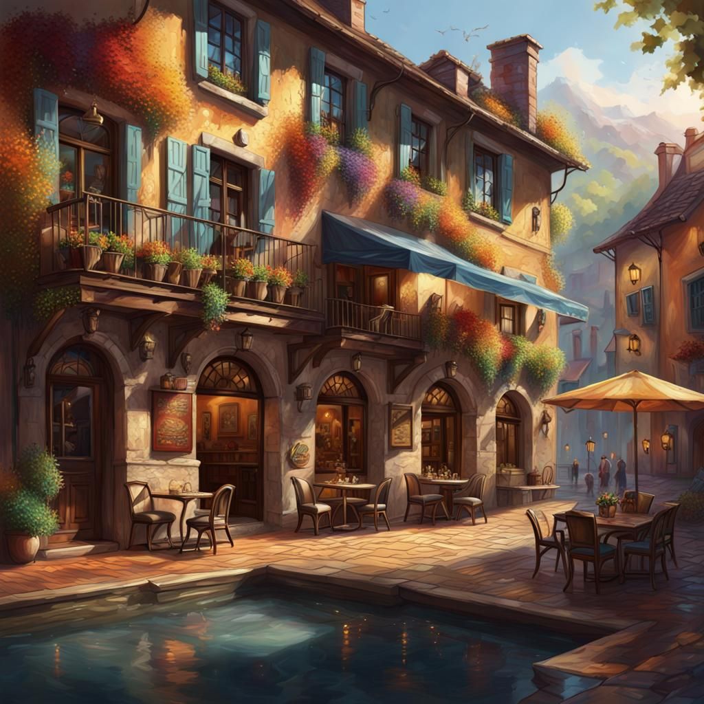 Hyperrealistic Splash Art of Auberge with Dramatic Lighting