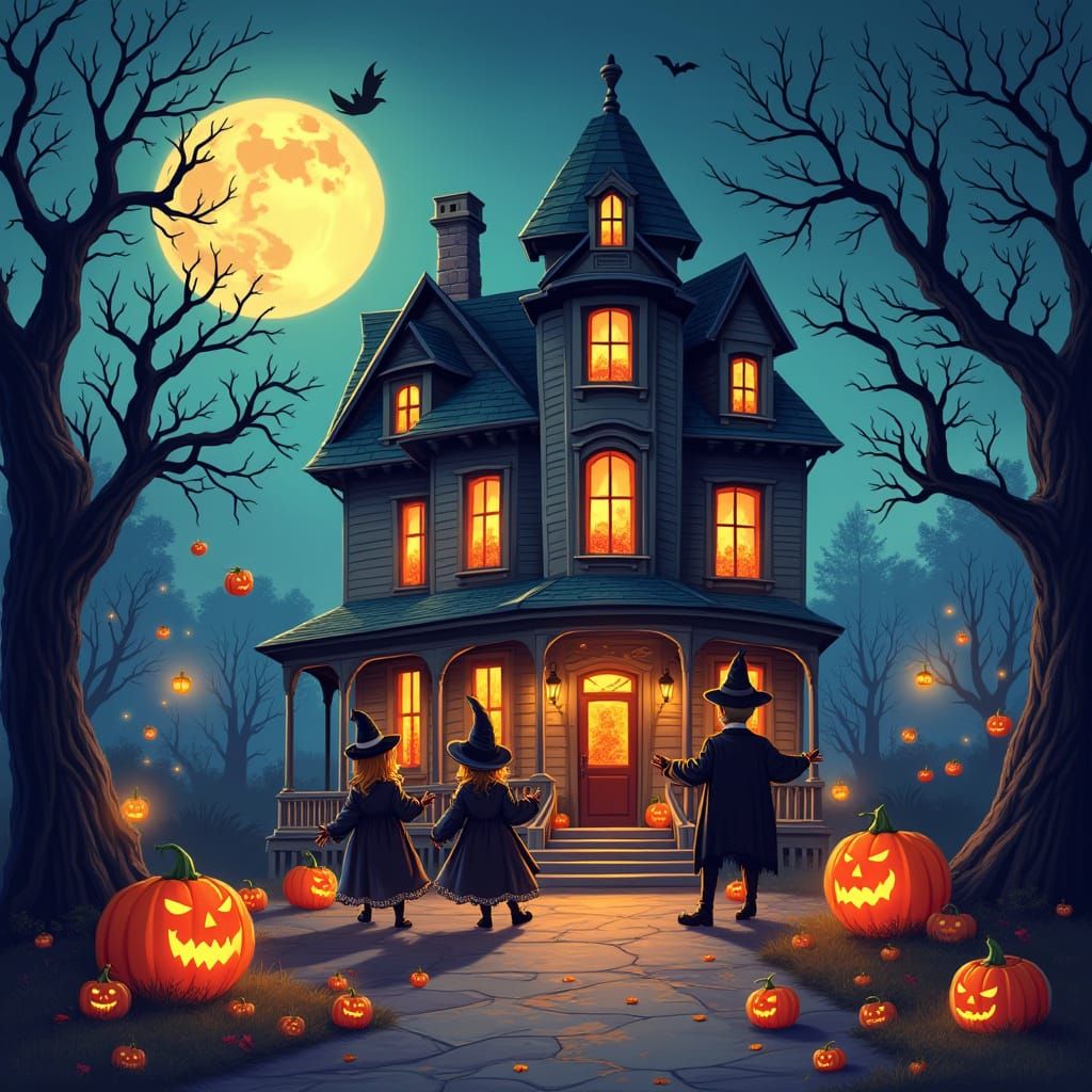 Whimsical Halloween Night With Haunted House And Eerie Costu...