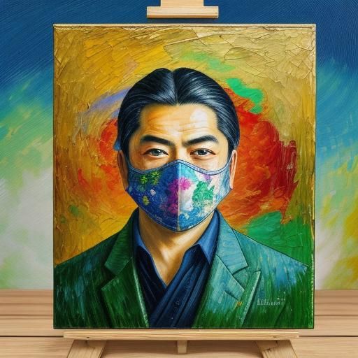 Masked Figure with Orchid Fan in Expressionist Style