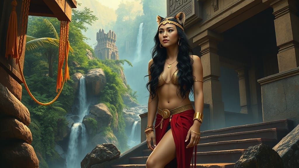 Cougar Woman in Jungle Temple, Frazetta-esque