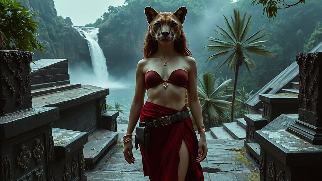 Cougar Woman on Jungle Temple Steps