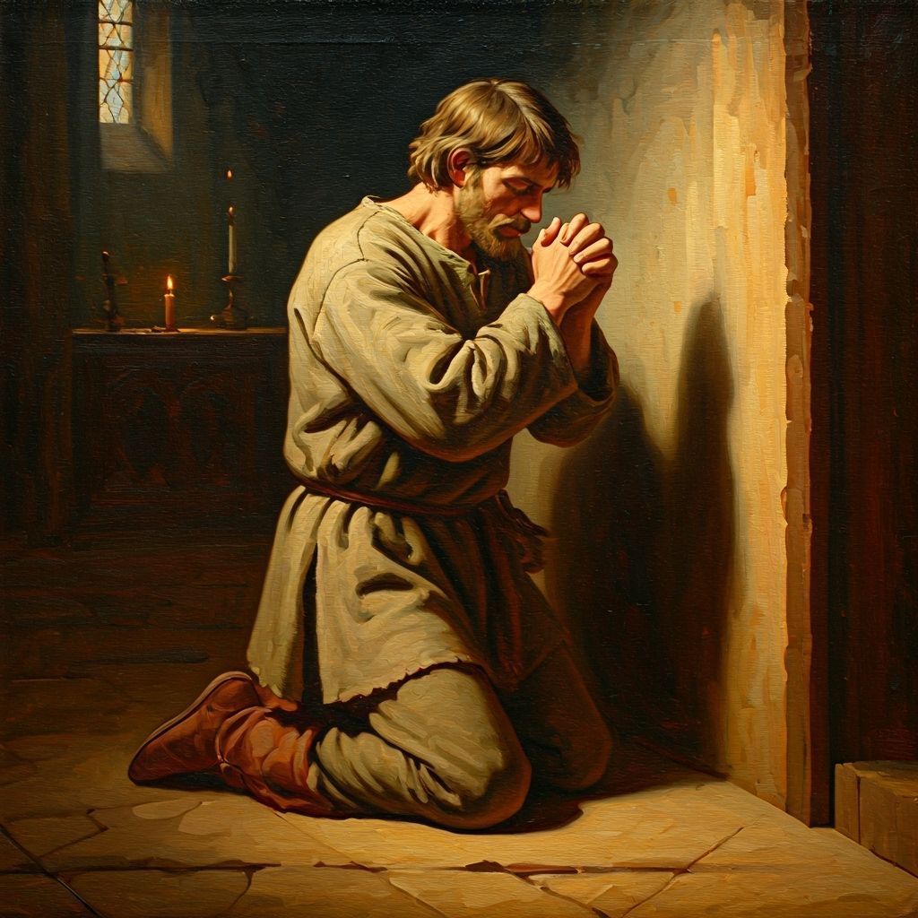 Medieval Man Praying in Folk Art Style