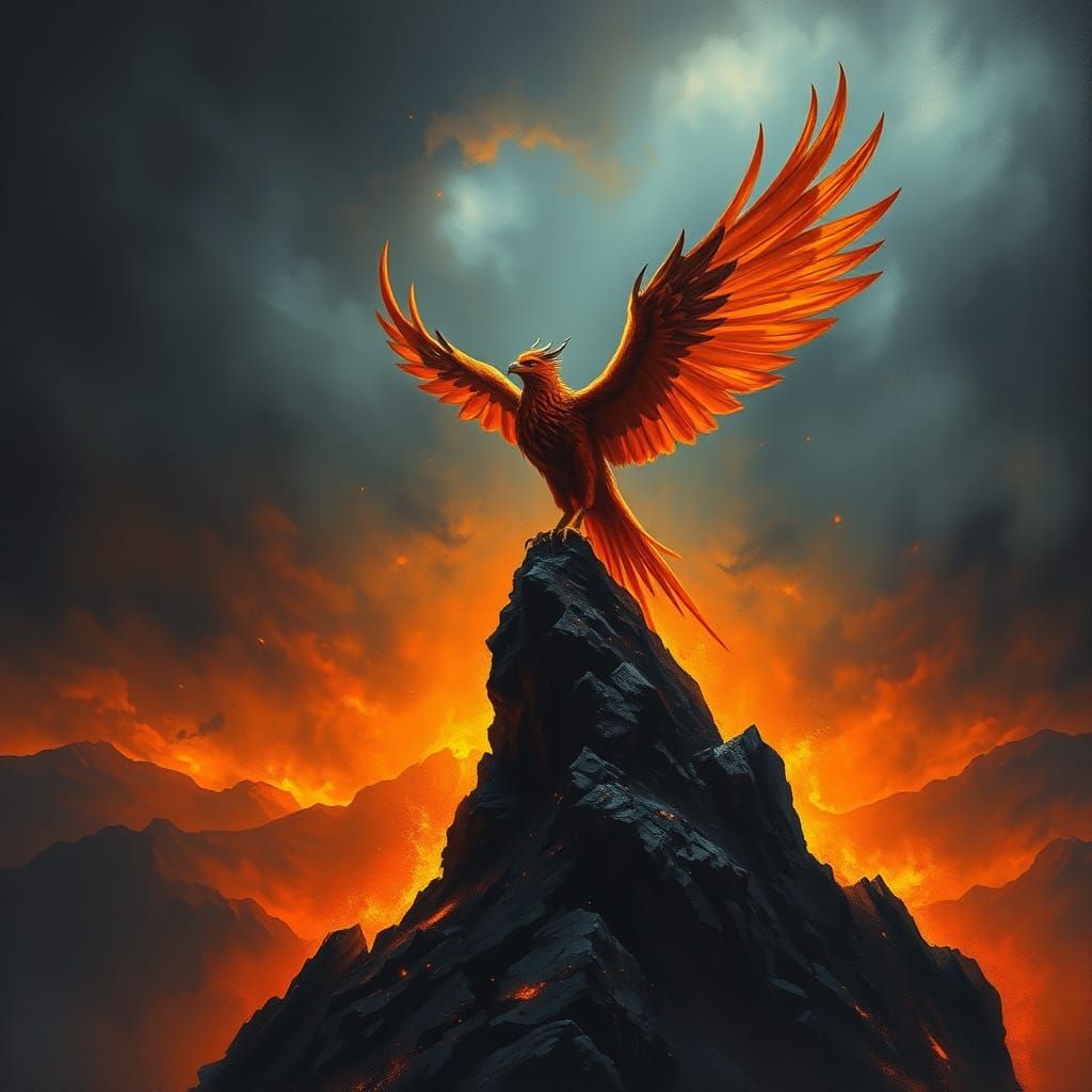 Majestic Phoenix on Fiery Horizon: Dark Fantasy Art